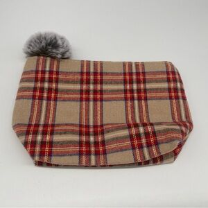 School Girl Plaid Makeup Bag Pom Pom Zipper Red Brown Blue Yellow